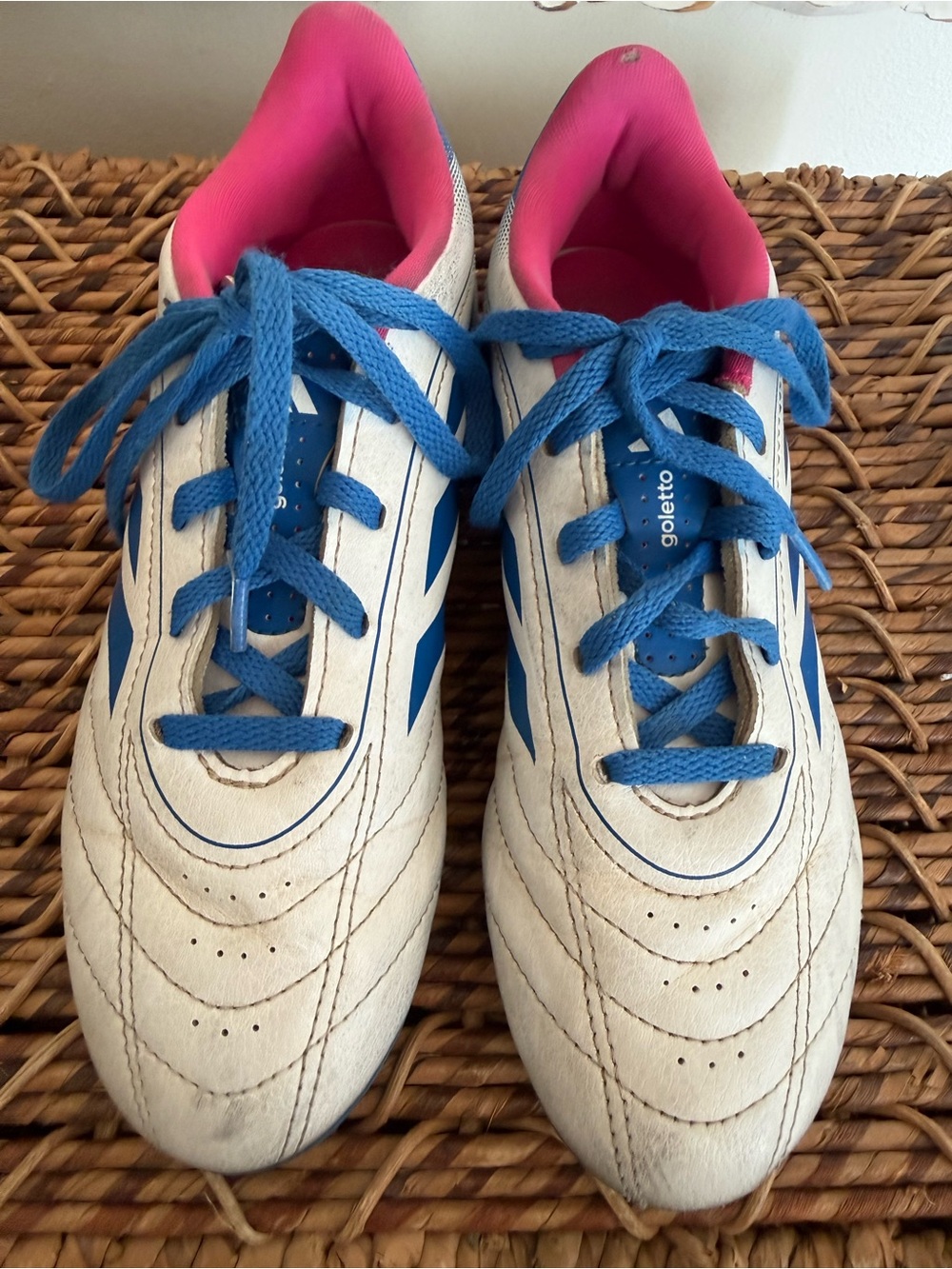 Adidas Kids Goletto Cleats - size 3 US White, Blue Soccer Cleats w/ Pink Lining